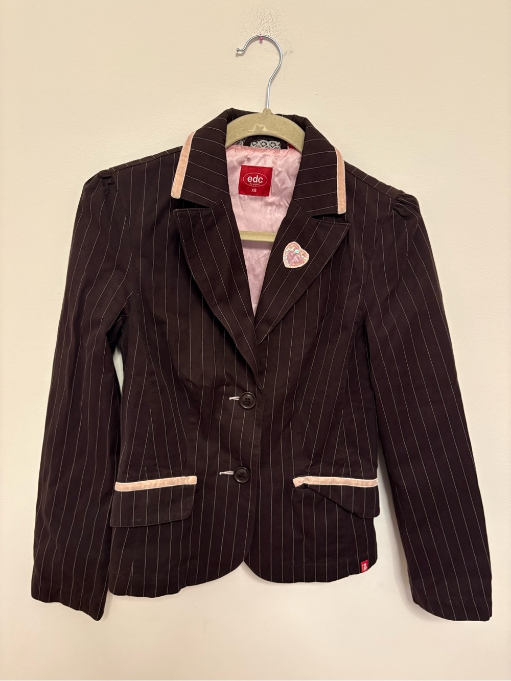Vintage Y2K edc XS Esprit Pinstripe Blazer Jacket Pink Velvet Trim Graphic Back